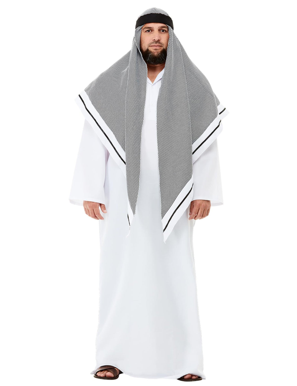 Déguisement de cheikh pour adulte blanc luxe avec coiffe noire et blanche