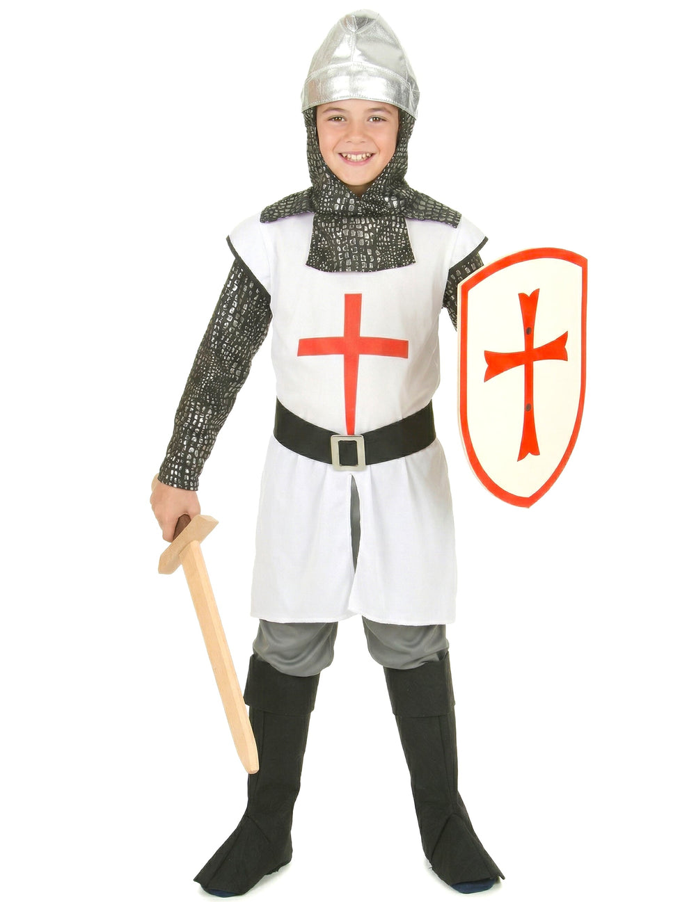 Déguisement de chevalier à la croix pour garçon blanc et rouge avec cagoule argentée