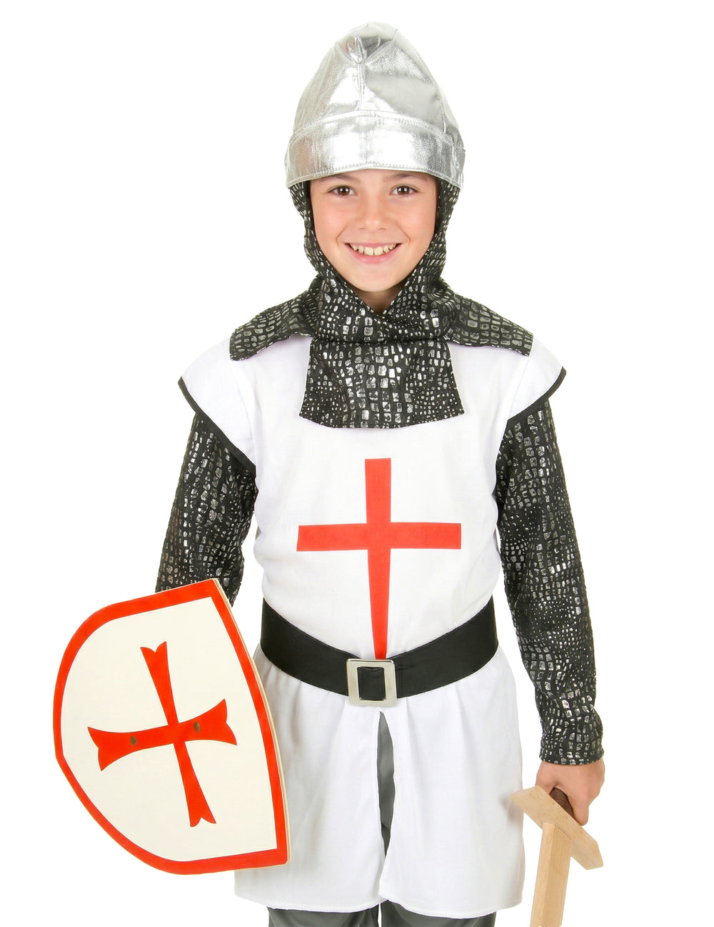 Détail de la tunique et de la cagoule du déguisement de chevalier à la croix pour garçon