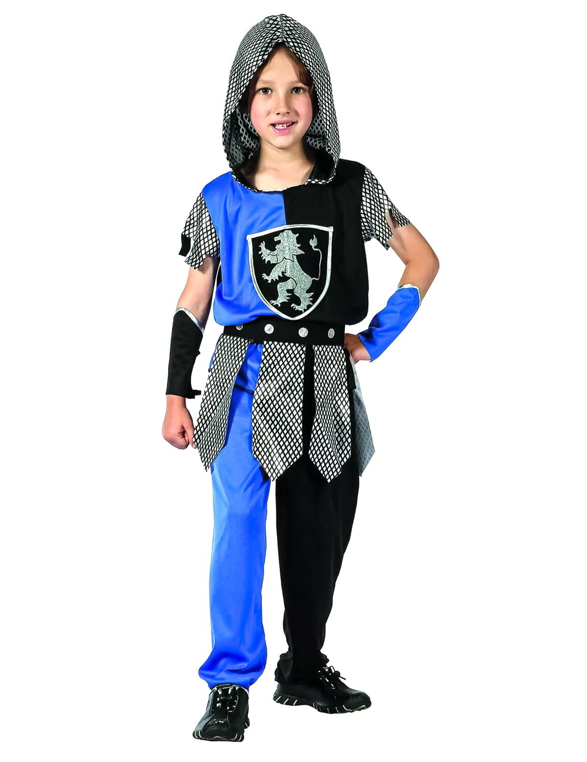 Déguisement de chevalier pour garçon bleu et noir avec capuche effet cotte de mailles