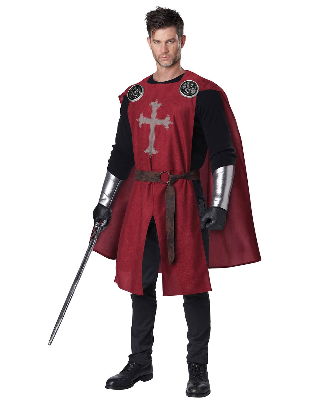 Fato de cavaleiro vermelho luxo para adulto com capa e cruz cinzenta