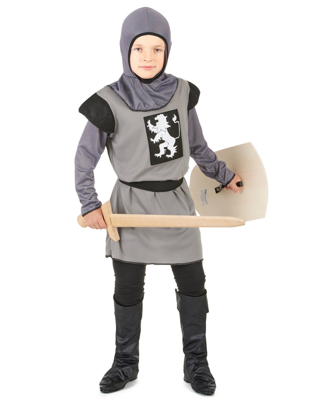 Déguisement de chevalier médiéval pour garçon gris avec écusson lion blanc