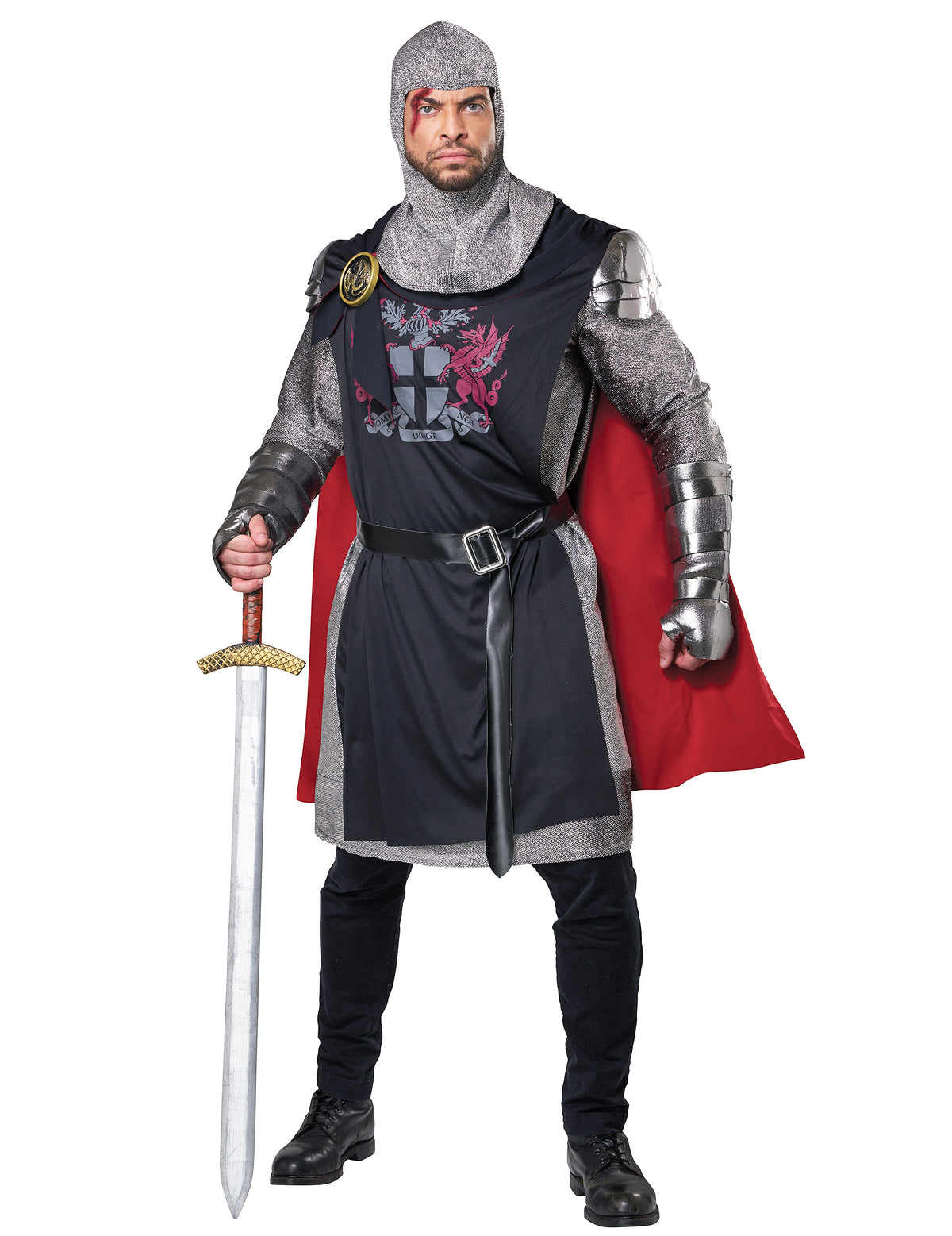 Déguisement Chevalier Médieval pour homme noir et argenté avec cape rouge