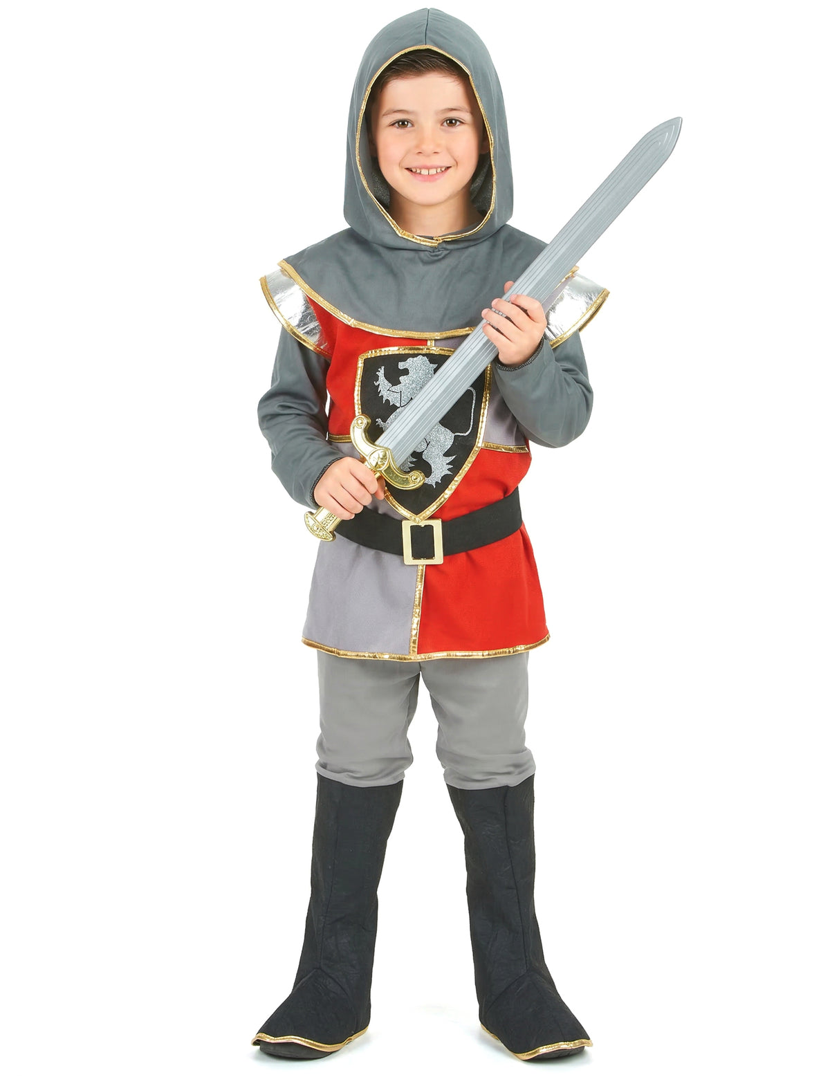 Déguisement de chevalier renaissance pour garçon gris et rouge avec écusson de lion