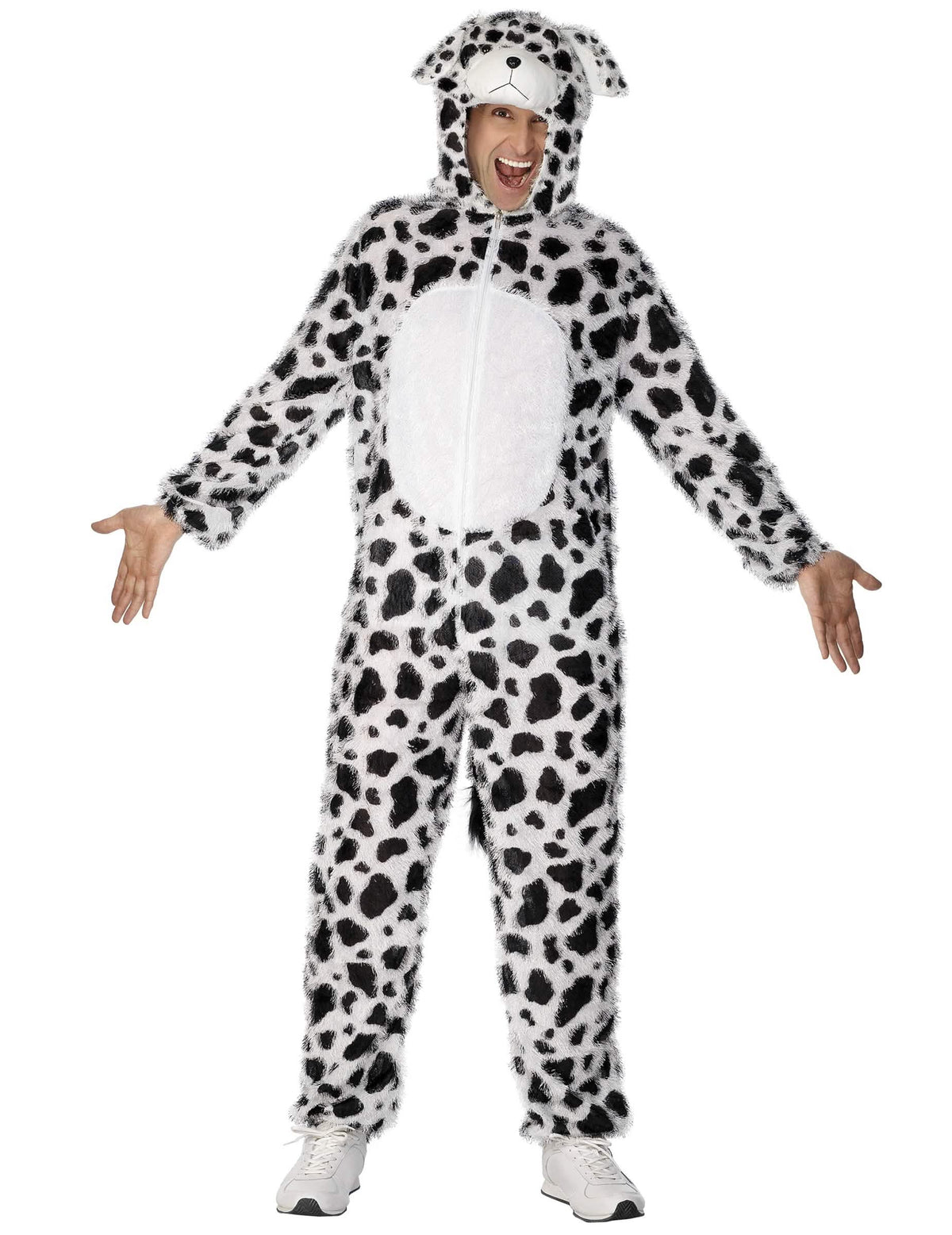 Déguisement de chien dalmatien pour adulte blanc à taches noires avec capuche à oreilles