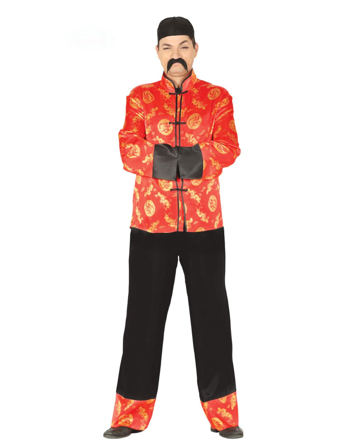Fato chinês para homem vermelho e dourado com chapéu preto