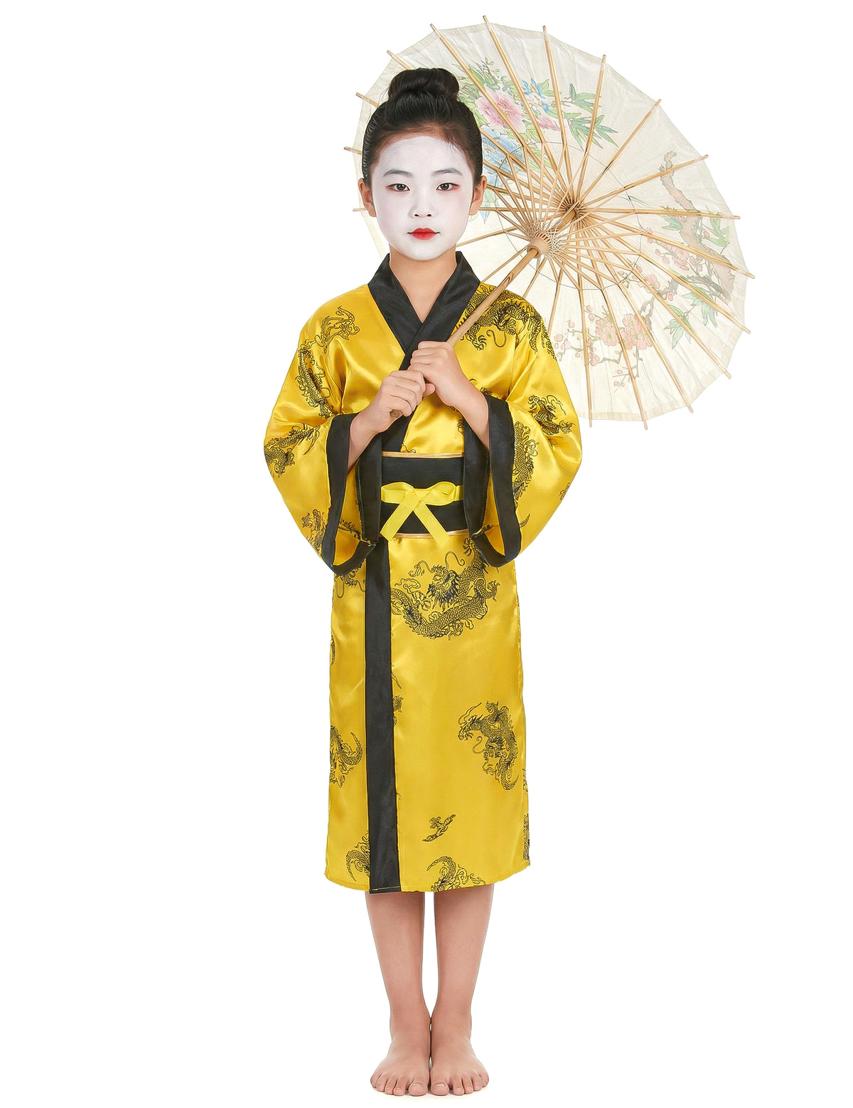 Déguisement de chinoise pour fille jaune avec motifs dragons et ombrelle