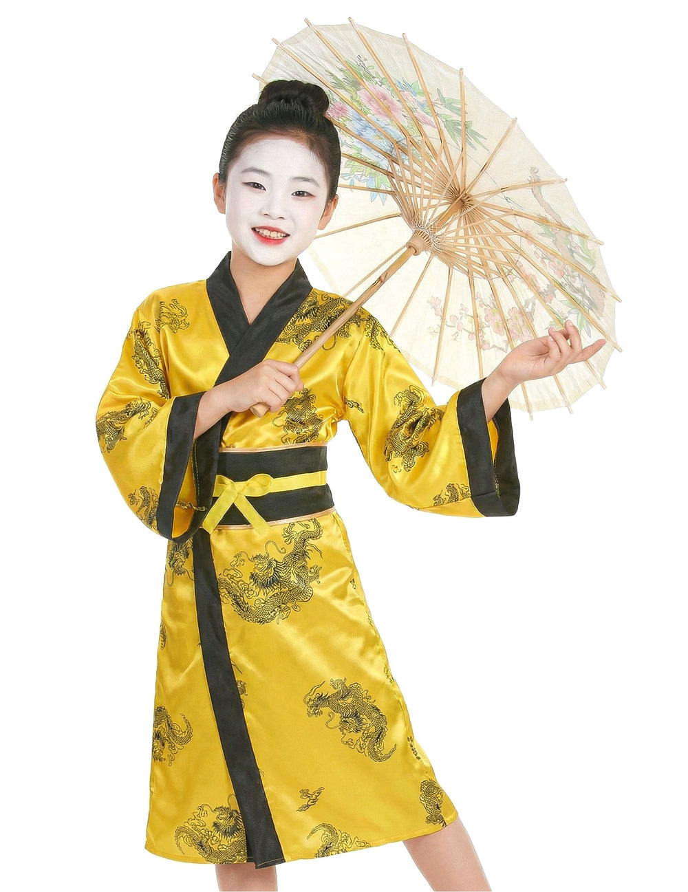 Vue de face avec ombrelle du déguisement de chinoise pour fille