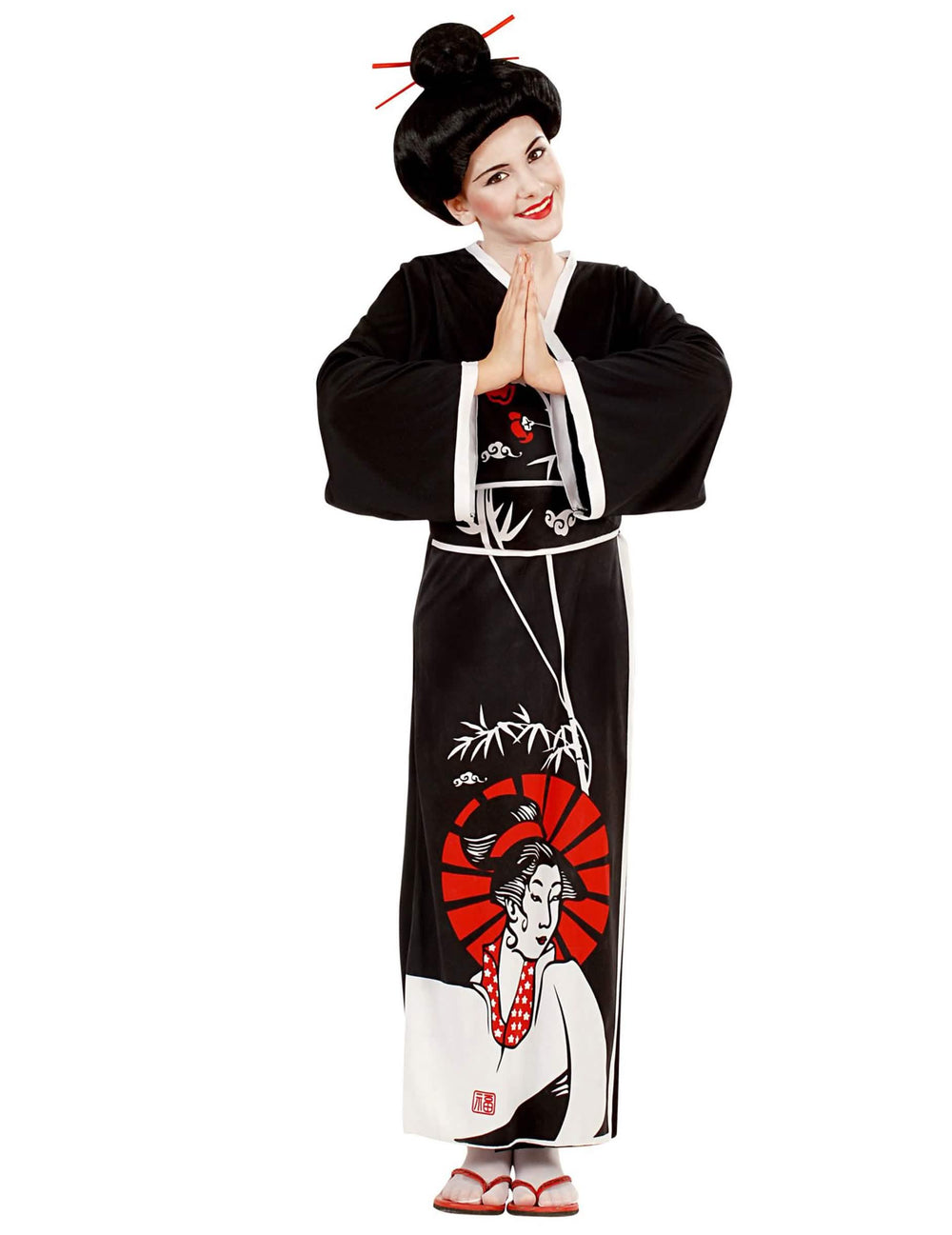 Déguisement de chinoise pour fille noir avec motifs blancs et rouges