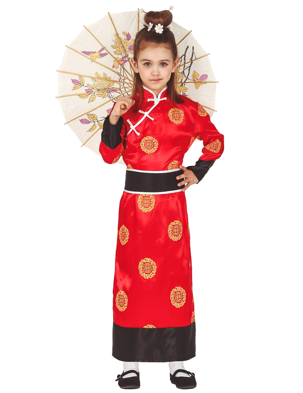 Déguisement de chinoise pour fille rouge avec motifs dorés et ombrelle