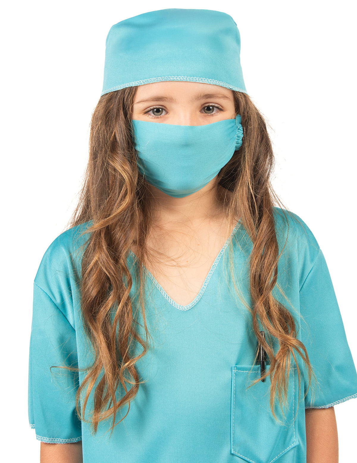 Gros plan sur le masque et le calot du déguisement de chirurgien pour enfant