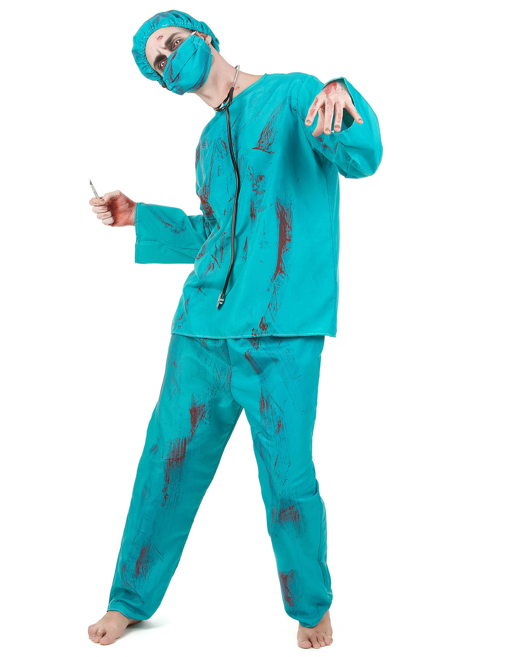 Déguisement de chirurgien zombie pour adulte bleu turquoise ensanglanté