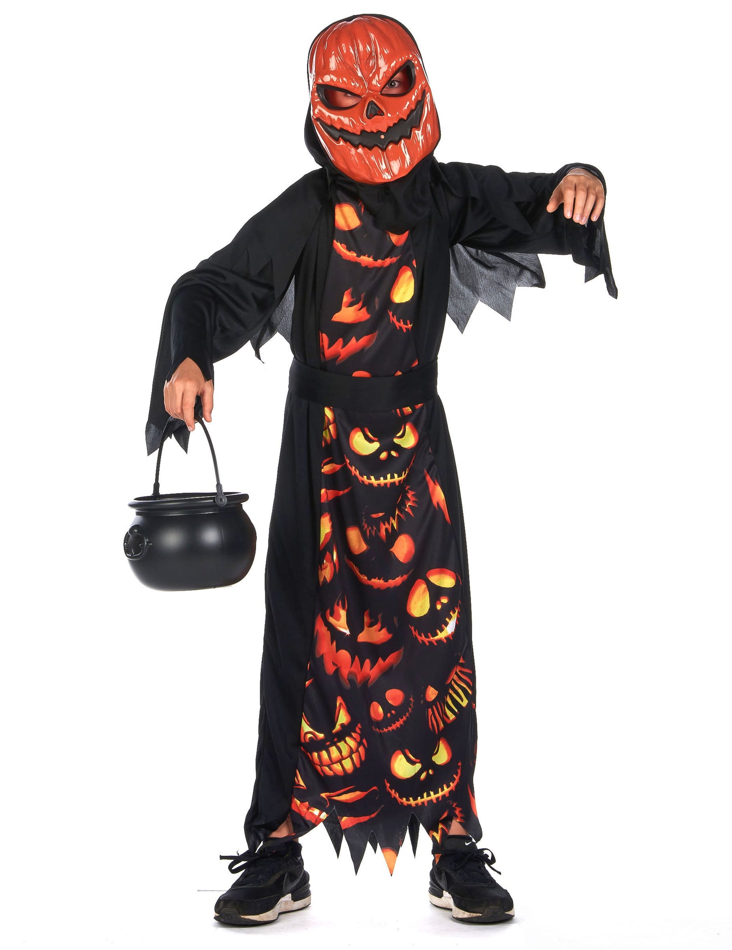 Vue de face avec chaudron du déguisement de citrouille creepy pour enfant