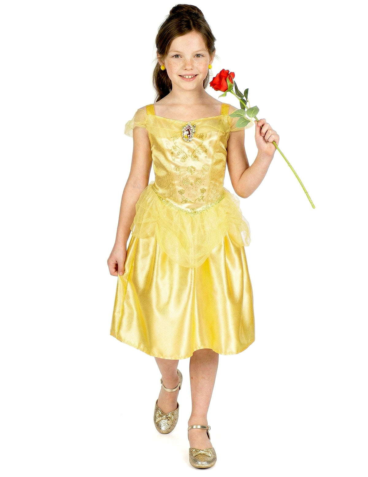 Déguisement classique Belle pour fille jaune avec voile et broche