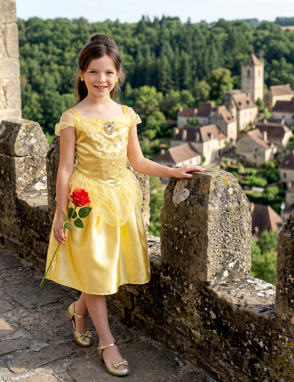 Mise en situation sur un rempart de château du déguisement classique Belle pour fille