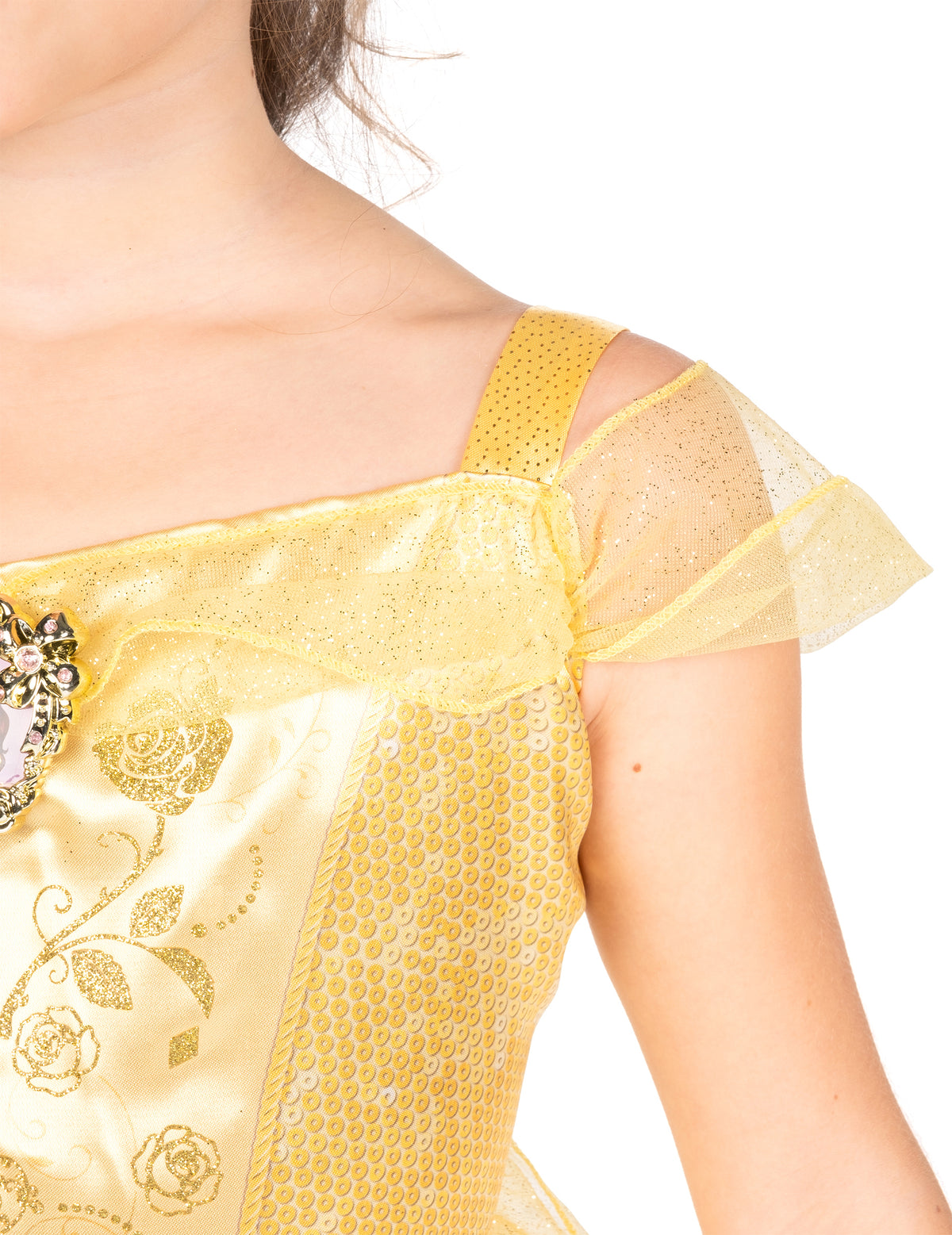 Détail de l'épaule et de la manche en voile du déguisement classique Belle pour fille