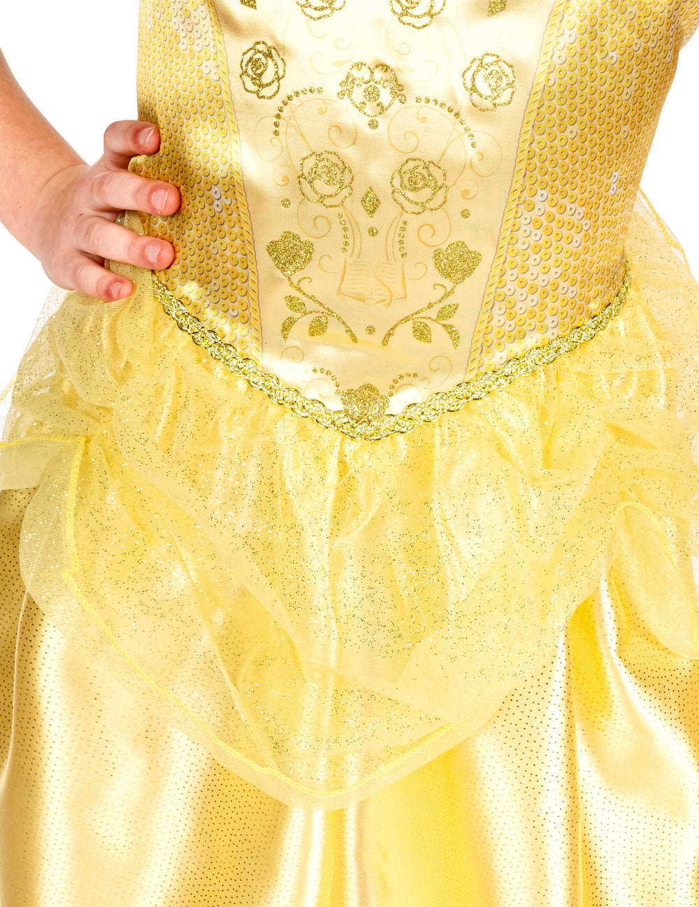 Détail des motifs de roses et de la taille pailletée du déguisement classique Belle pour fille