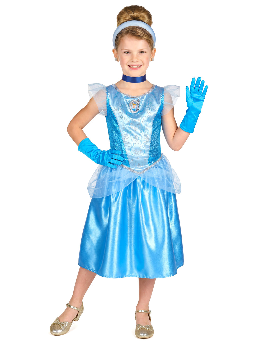 Déguisement classique Cendrillon pour fille bleu satiné avec gants et serre-tête