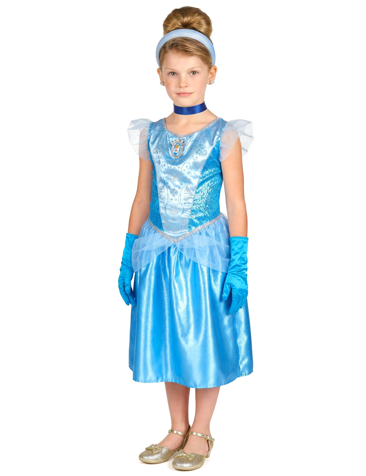 Vue de face en pied du déguisement classique Cendrillon pour fille