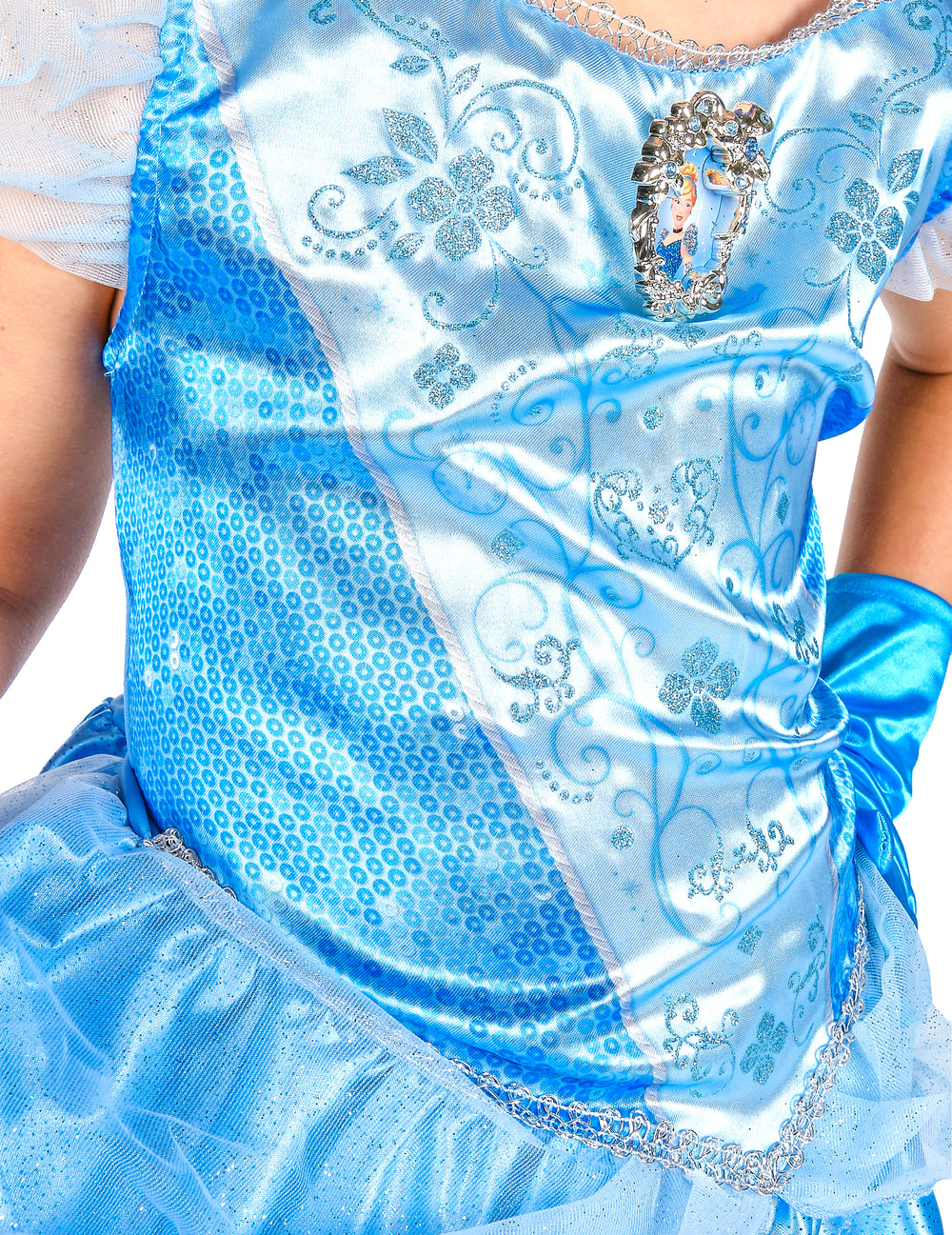 Détail du bustier à sequins et motifs du déguisement classique Cendrillon pour fille