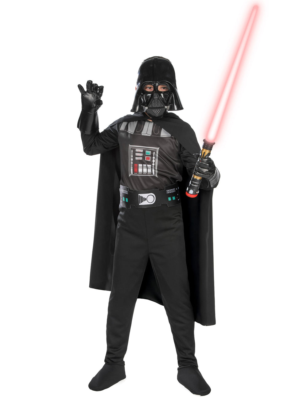 Sabre laser rouge tenu en main du déguisement classique Dark Vador pour garçon