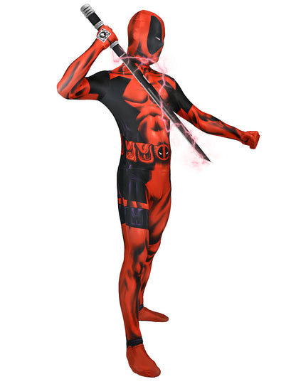Pose avec sabre du déguisement Morphsuits Deadpool pour adulte