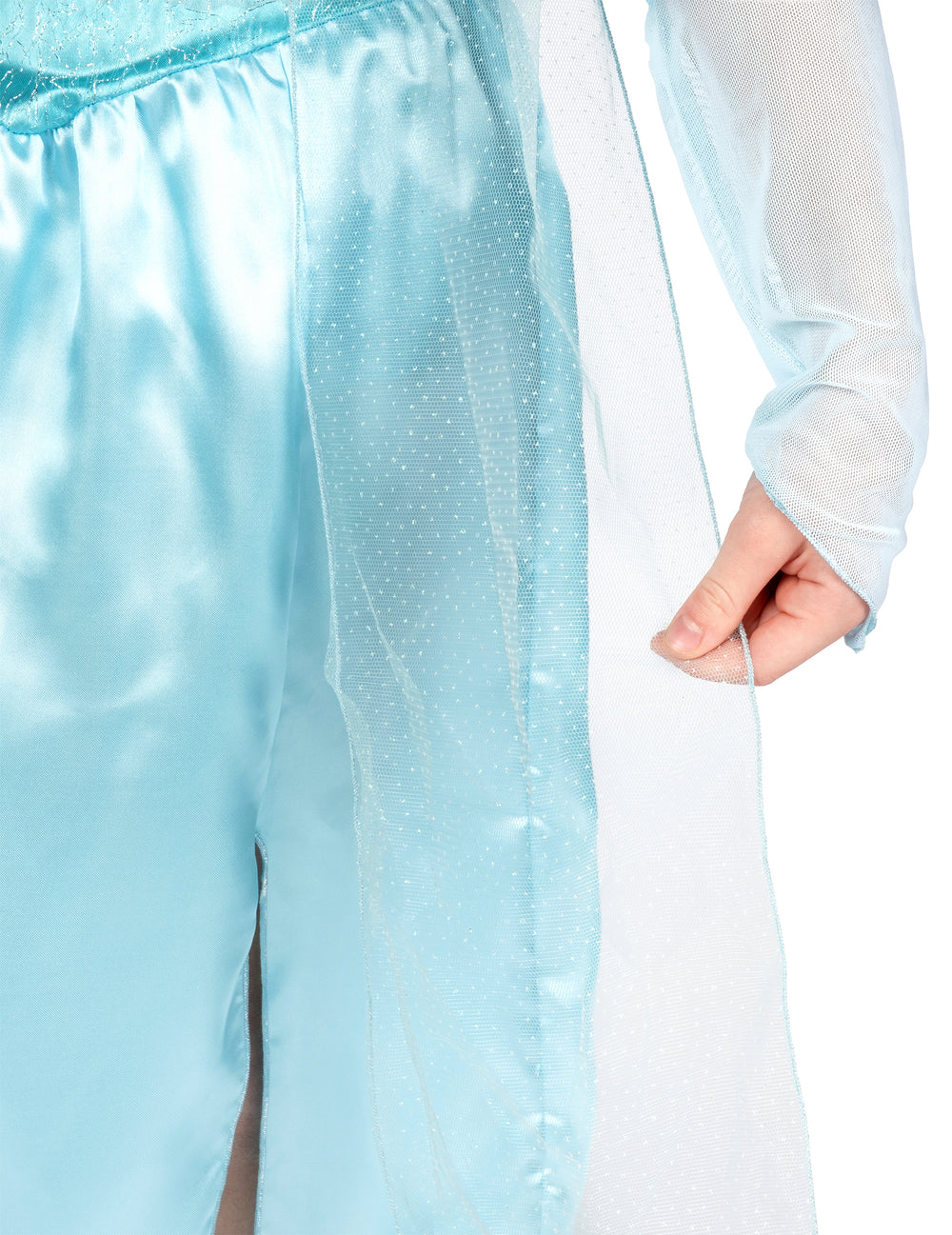 Détail du voile transparent à paillettes du déguisement classique Elsa la reine des neiges pour fille