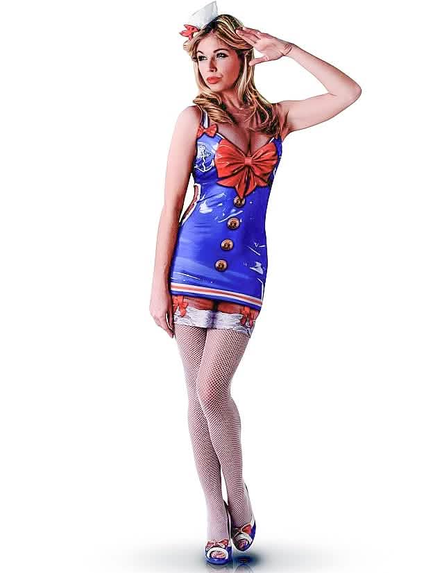 Fato de marin sexy para mulher azul com laço vermelho e chapéu