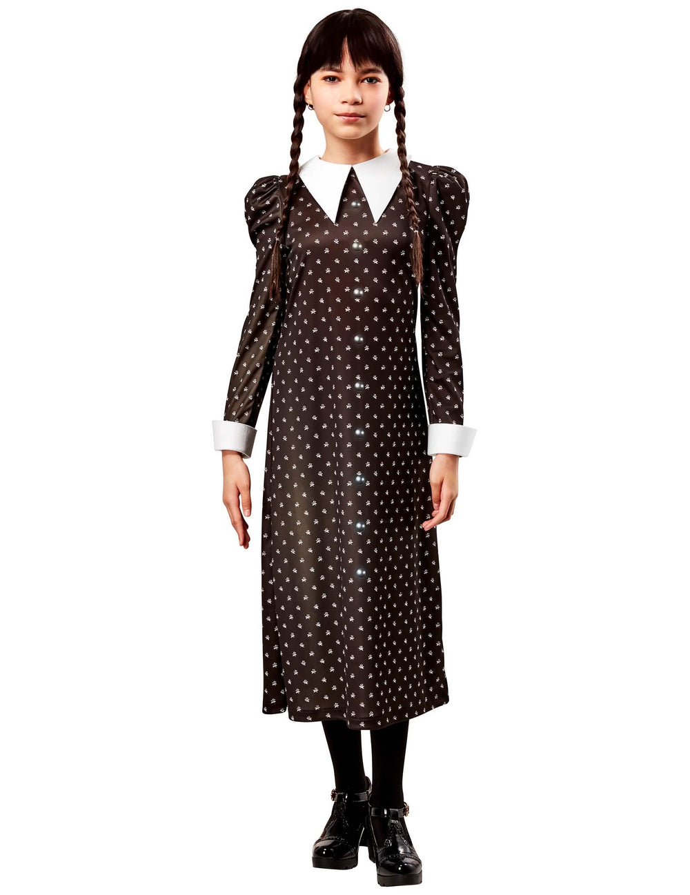 Déguisement classique Mercredi Addams™ pour enfant noir à motifs et col blanc