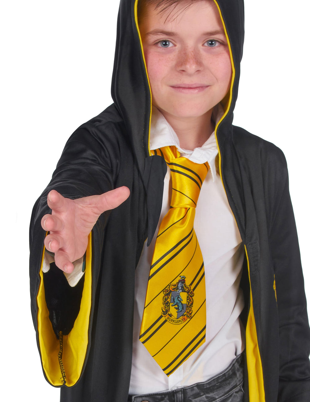 Gros plan sur la cravate du déguisement classique Poufsouffle Harry Potter pour enfant