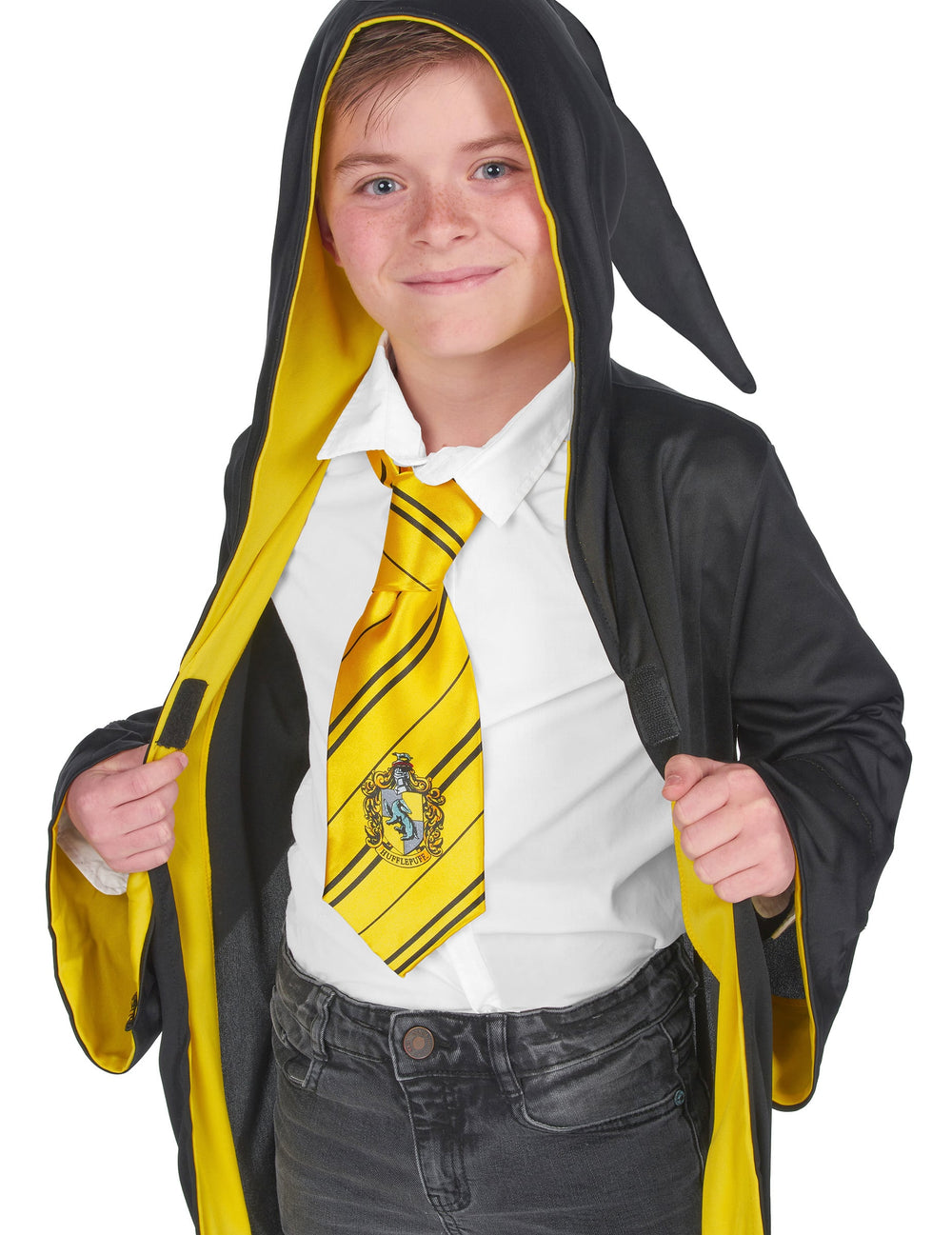 Gros plan sur la cravate et la capuche du déguisement classique Poufsouffle Harry Potter™ enfant