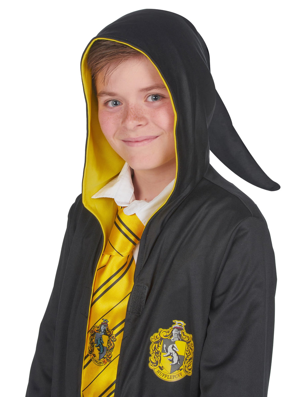 Vue de face de la capuche pointue du déguisement classique Poufsouffle Harry Potter™ enfant