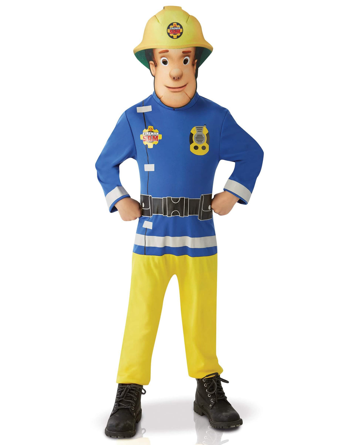 Fato clássico do Sam o Bombeiro para criança azul e amarelo com máscara amarelo