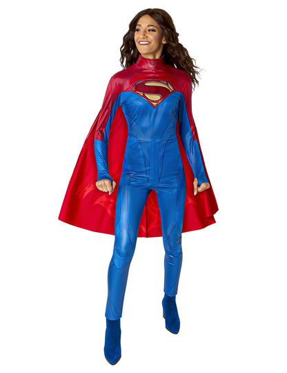 Déguisement combinaison Supergirl pour femme bleu et rouge avec cape