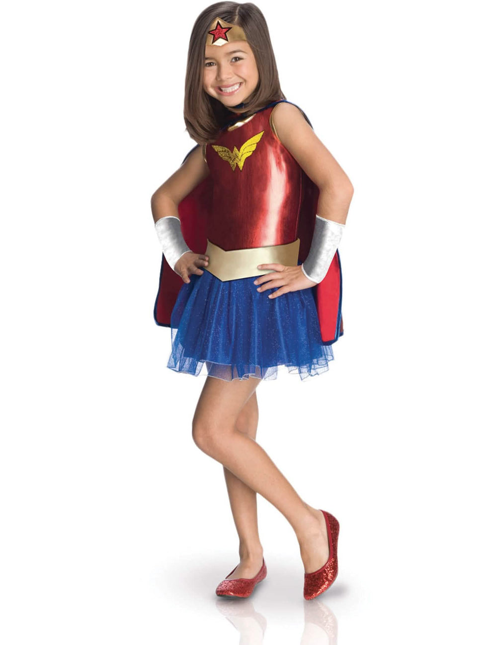 Déguisement luxe Wonder Woman Comic Book pour enfant rouge doré et bleu avec tutu et cape