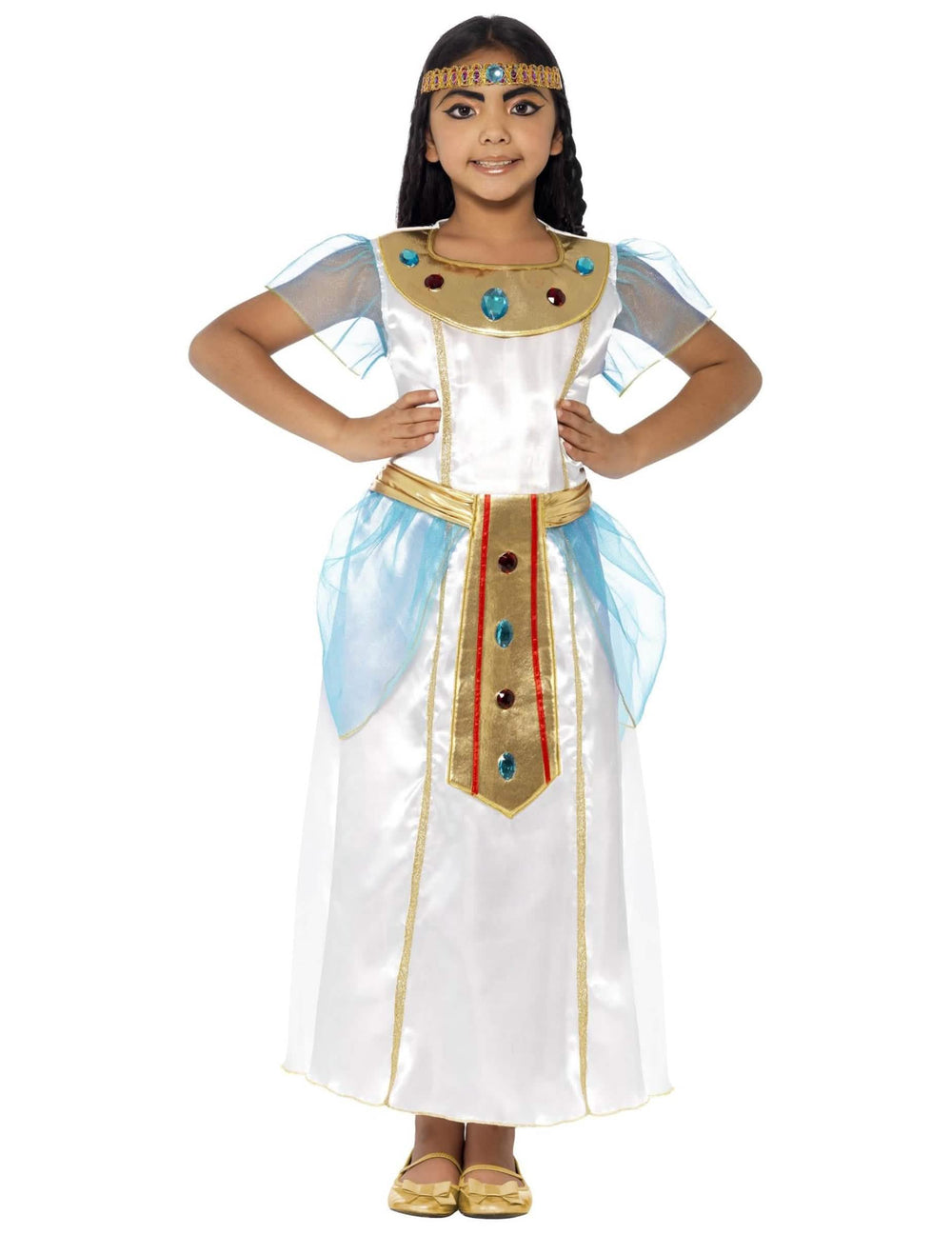 Fato de Cleópatra de luxo para menina branco e dourado com véu azul
