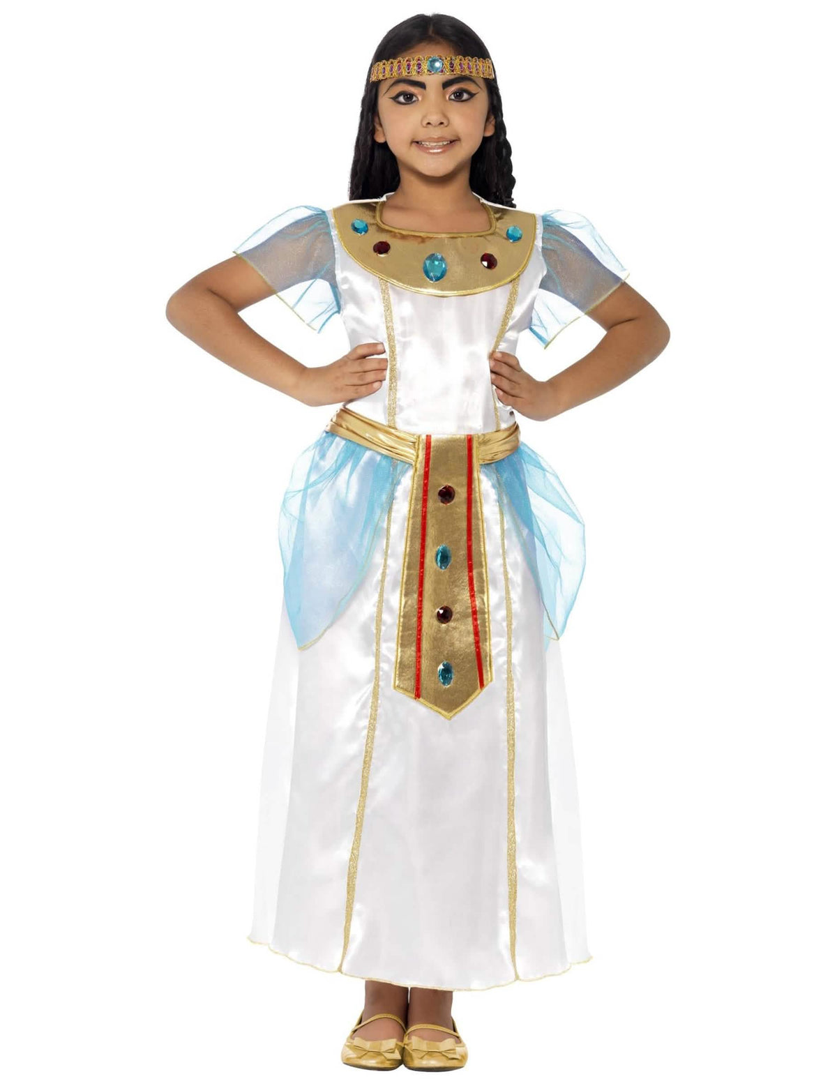 Fato de Cleópatra de luxo para menina branco e dourado com véu azul