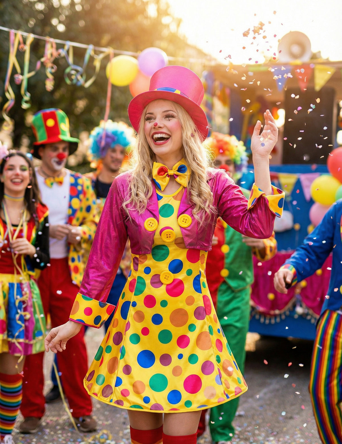 Mise en situation festive du déguisement clown amusant pour femme