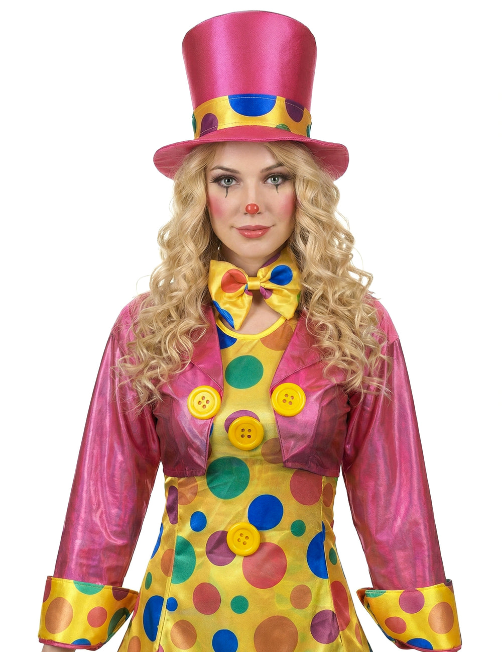 Gros plan sur le chapeau et le nœud papillon du déguisement clown amusant pour femme