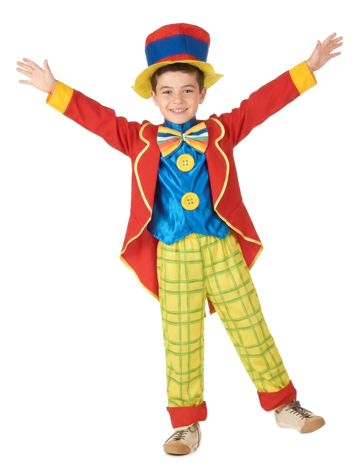 Fato de palhaço divertido para menino multicores com casaco vermelho e cartola