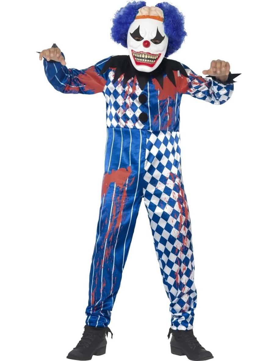 Déguisement de clown arlequin pour enfant bleu et blanc ensanglanté avec masque