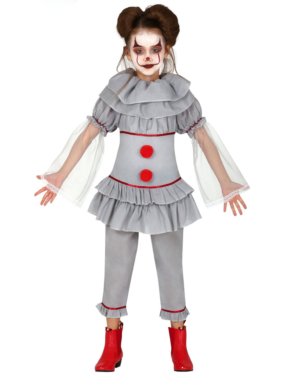 Déguisement de clown assassin pour fille gris avec pompons rouges