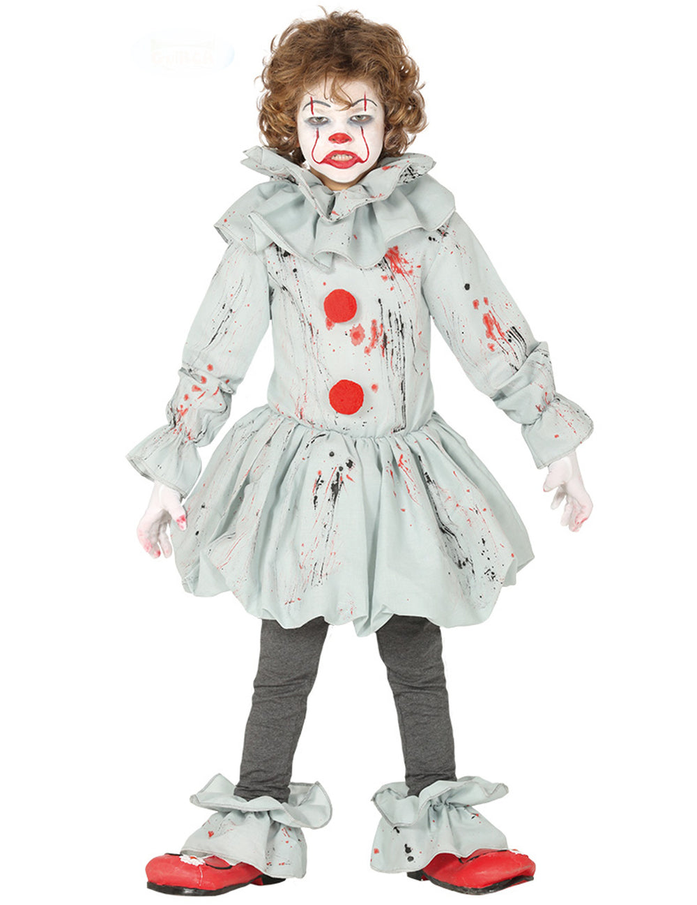 Déguisement de clown assassin pour garçon gris ensanglanté avec pompons rouges