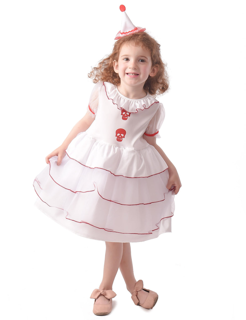 Déguisement de clown tête de mort pour fille blanc et rouge avec mini chapeau