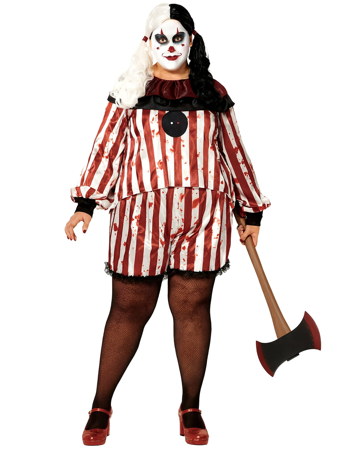 Déguisement de clown cauchemardesque pour femme rayé rouge et blanc ensanglanté