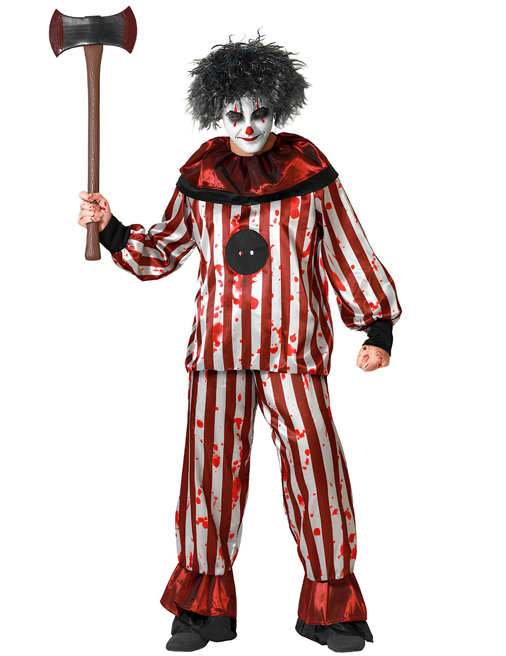 Déguisement de clown cauchemardesque pour homme rayé rouge et blanc avec taches de sang
