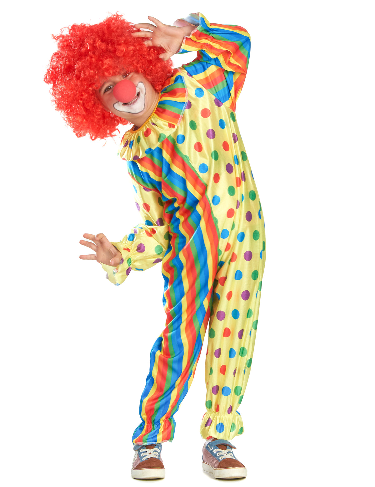 Déguisement de clown coloré pour enfant jaune à pois et rayures multicolores