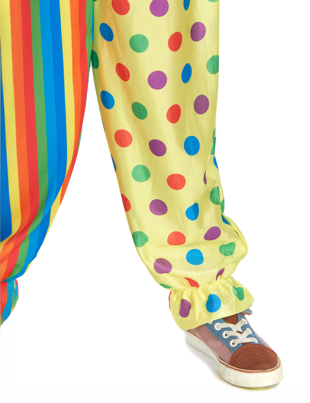 Détail du bas de jambe élastiqué du déguisement de clown coloré pour enfant