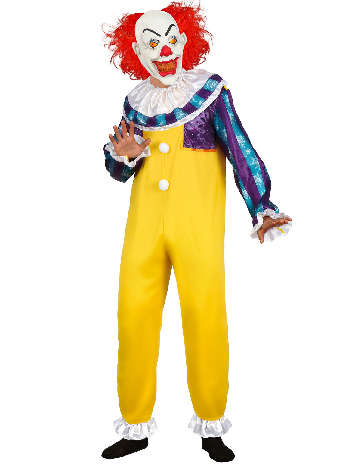 Déguisement clown de film d'horreur pour adulte jaune et violet avec masque à cheveux rouges