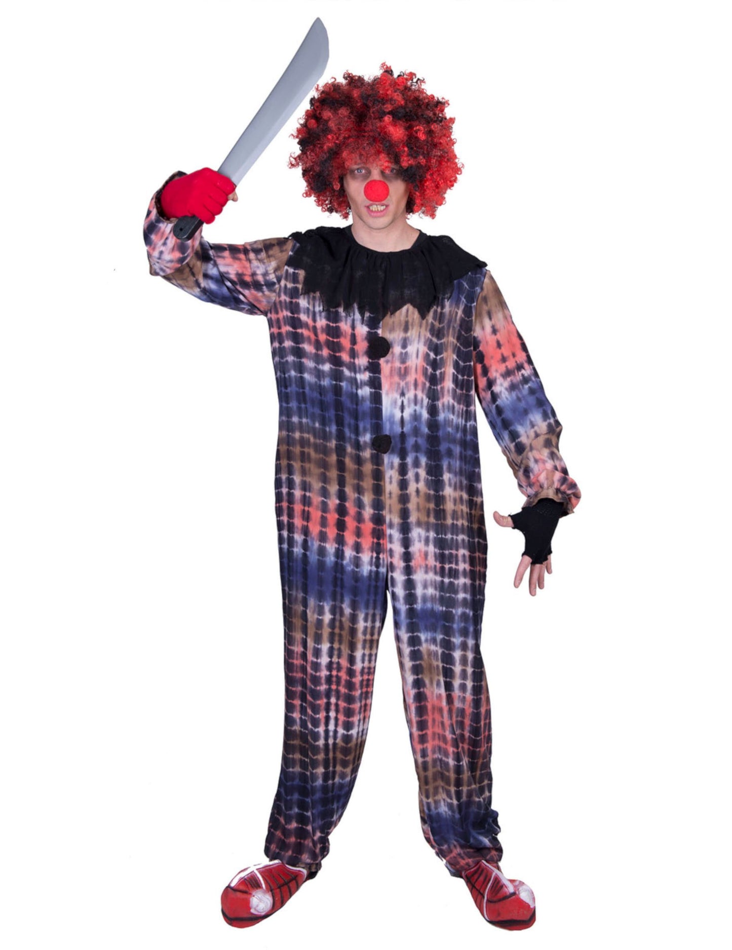 Déguisement de clown effrayant pour adulte multicolore avec couteau et perruque afro